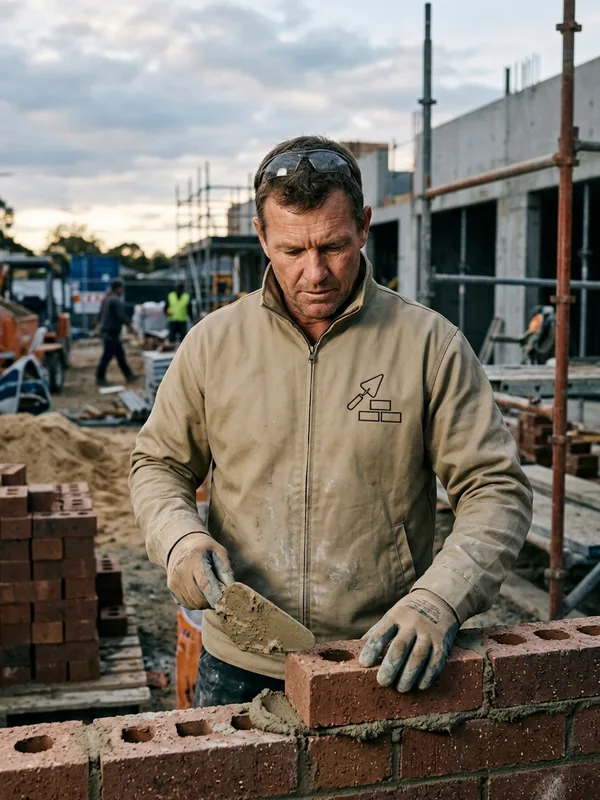 Site worker in a khaki twill work jacket on a building site