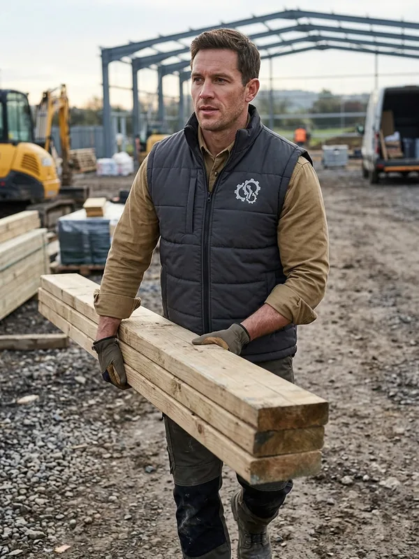 Worker in an insulated vest carrying timber, arms free