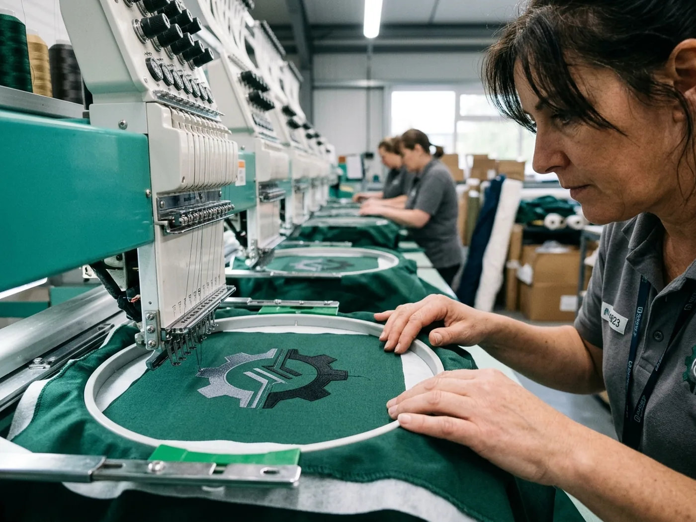 A single-layer jacket shell panel hooped on a multi-head embroidery machine, the logo stitching with no fill behind it