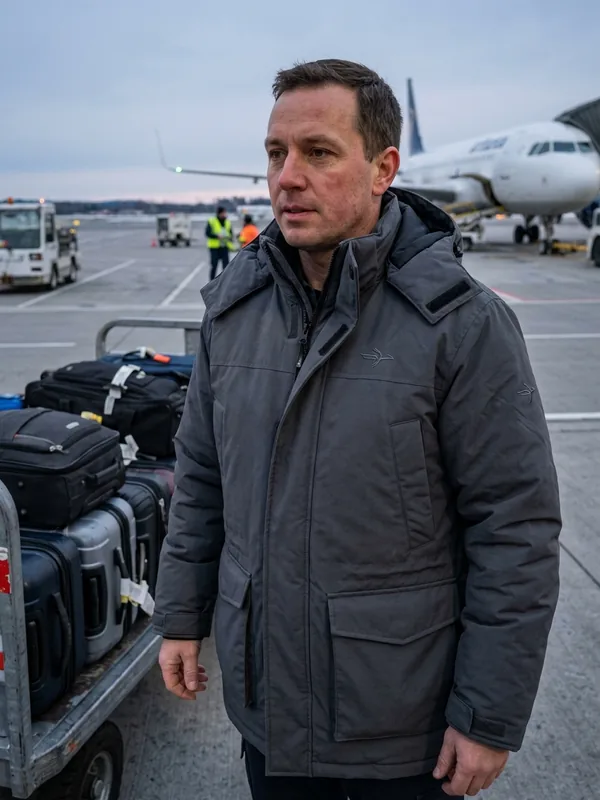 Ground handler on an airport apron in an insulated parka