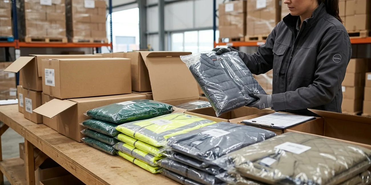 Distributor warehouse with neutral cartons of folded work jackets