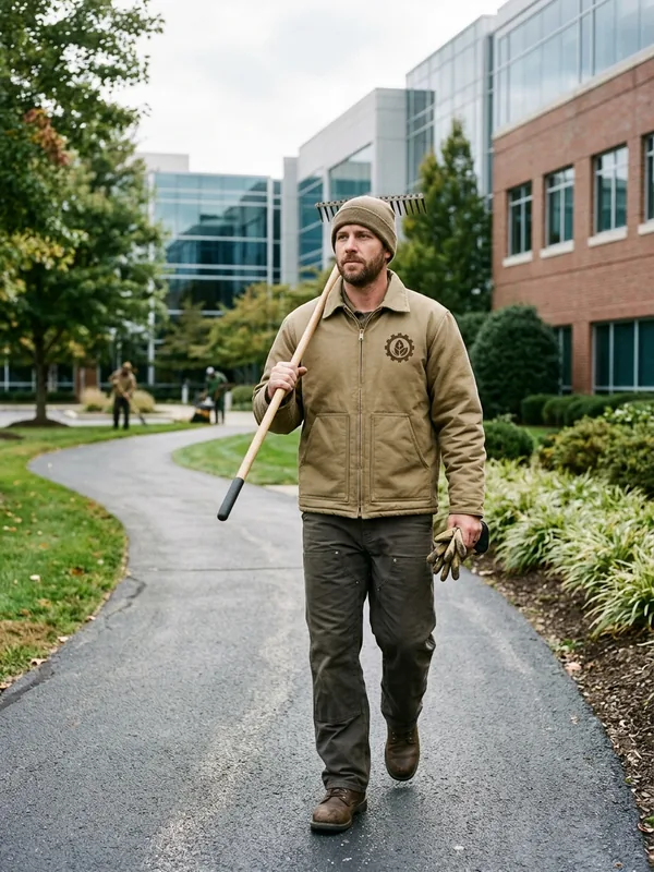 Facility grounds worker in an insulated work jacket