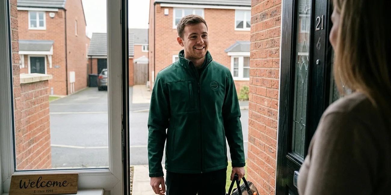 Installer at a customer's door in a brand-colour softshell jacket