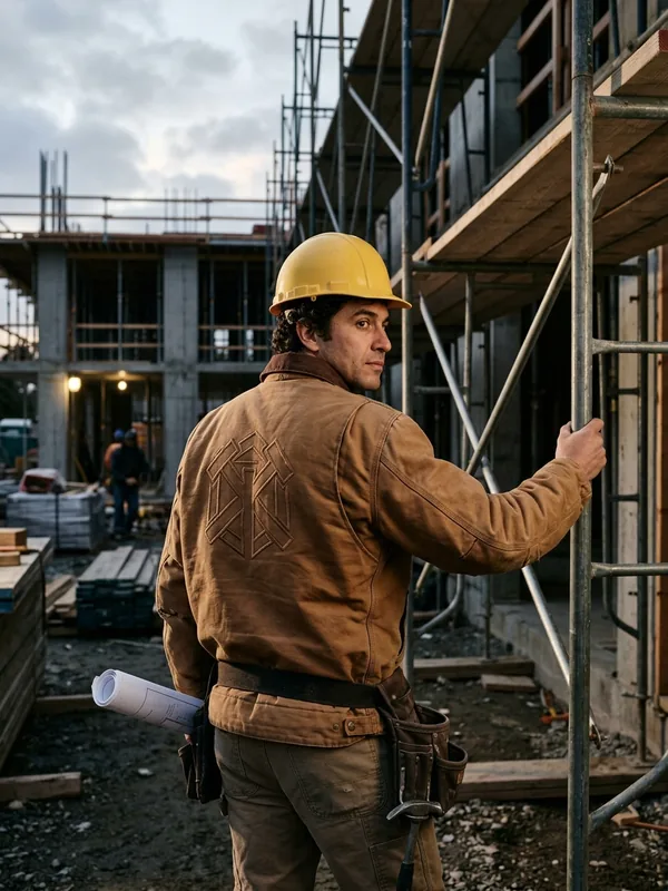 Contractor beside scaffolding in a canvas work jacket with a large back logo