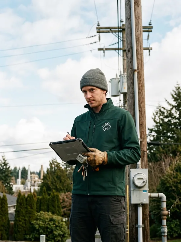 Utility field technician below a power line in a softshell jacket