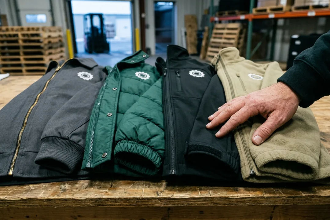 Four work jackets laid side by side: twill, insulated, softshell and fleece cuffs and fronts