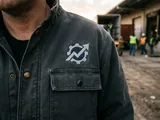 Chest logo embroidered above a flap chest pocket