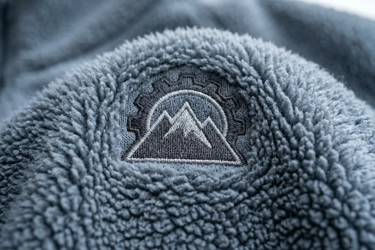 Logo embroidered directly on polar fleece, pile untouched around it