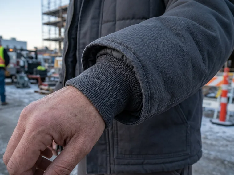Inner rib-knit storm cuff inside a jacket sleeve