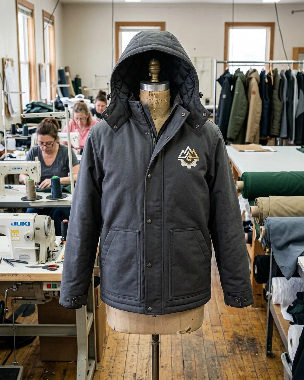 Front of an insulated work jacket on a dress form, hood fitted and storm flap closed