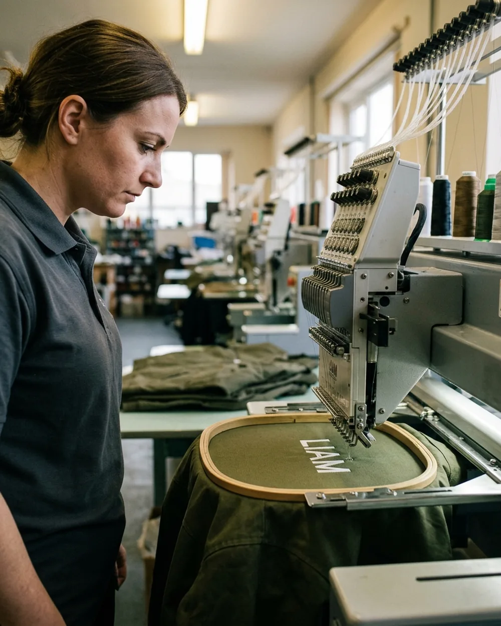 A first name being embroidered on a flat chest shell panel