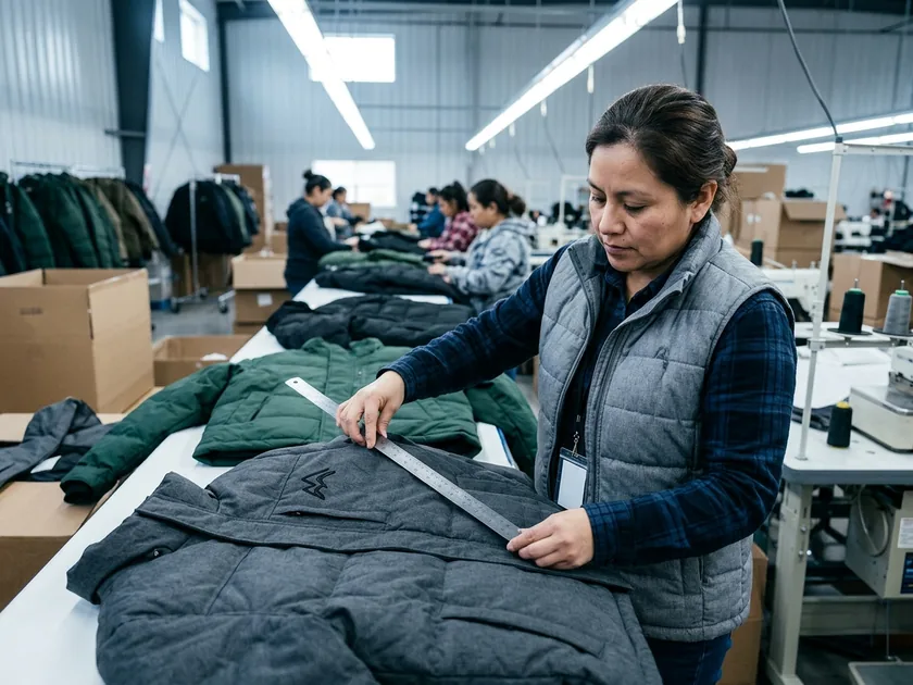 Line QC measuring the gap between a chest logo and the storm flap on an assembled jacket