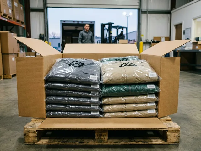 Work jackets folded in polybags in a carton, hoods fitted