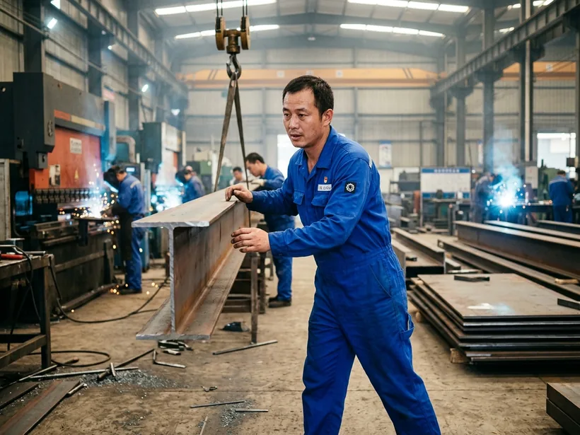 Worker in a coverall in a steel fabrication shop