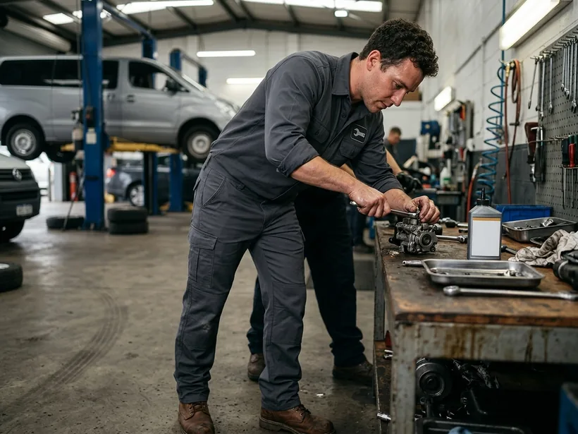 Auto technician in dark grey work pants and shirt in a workshop