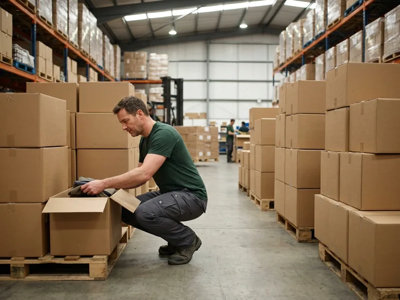 Neutral cartons of private-label workwear in a distributor warehouse