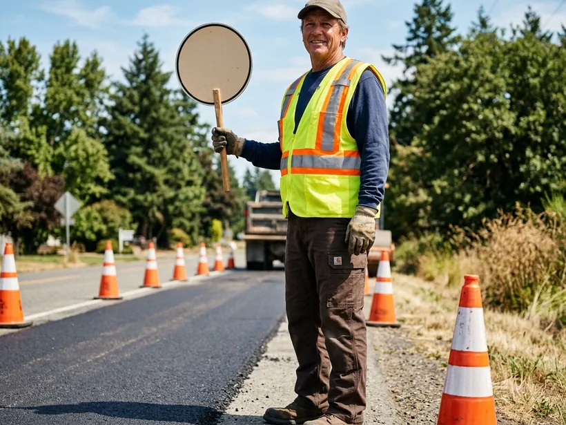Roadside flagger in a hi-vis vest