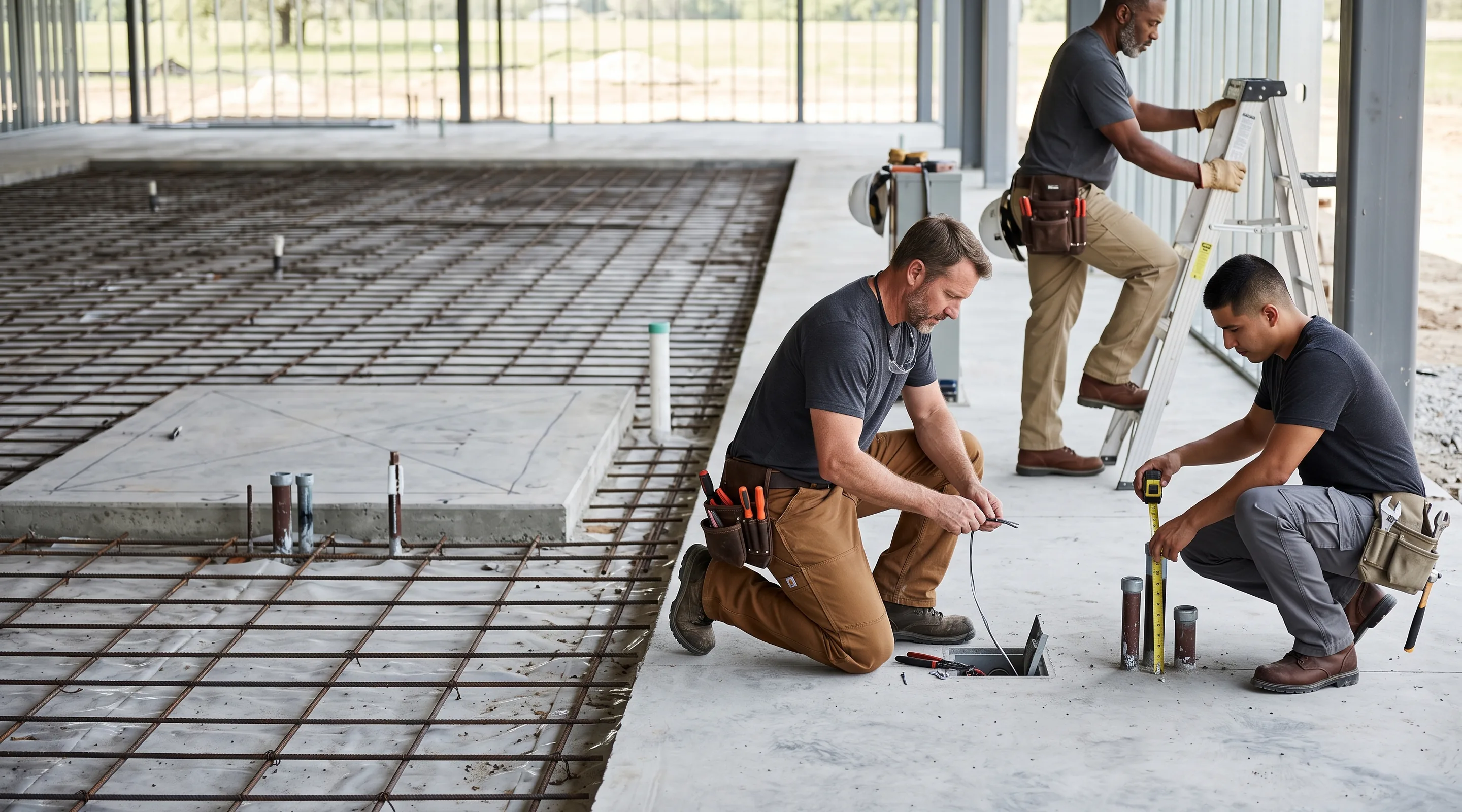 Three installers on a concrete slab with rebar: an electrician kneeling at a floor box in double-knee canvas work pants, a plumber squatting with a tape measure in grey stretch cargo pants, a third stepping onto a ladder