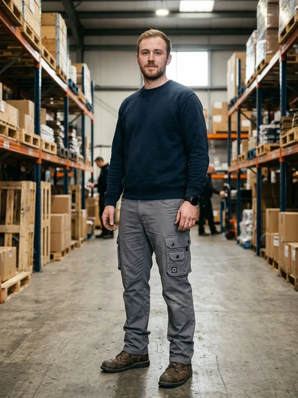 Warehouse worker in grey cargo work pants with bellows pockets on both thighs