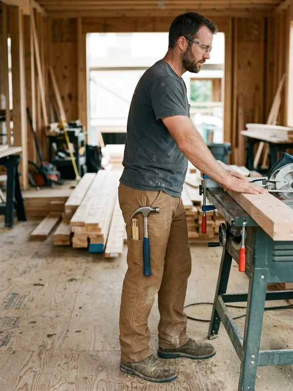 Carpenter in brown canvas carpenter pants with a hammer in the hammer loop beside a saw bench