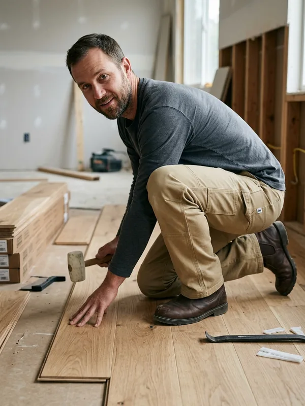 Worker kneeling on a floor in double-knee work pants, the second knee layer clearly visible
