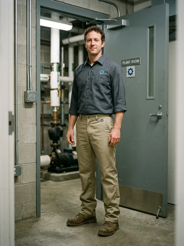 Facility technician in khaki flat-front work pants at a plant-room door
