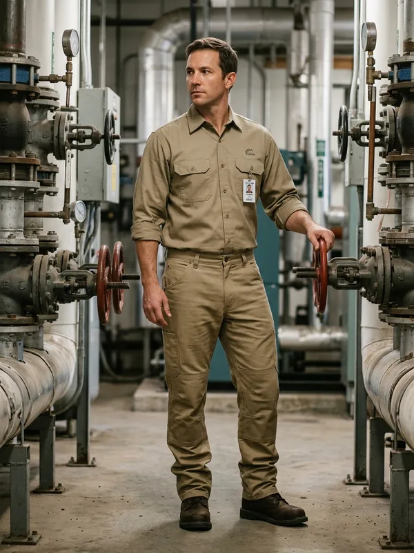 Operator in FR work pants and FR shirt at an industrial plant