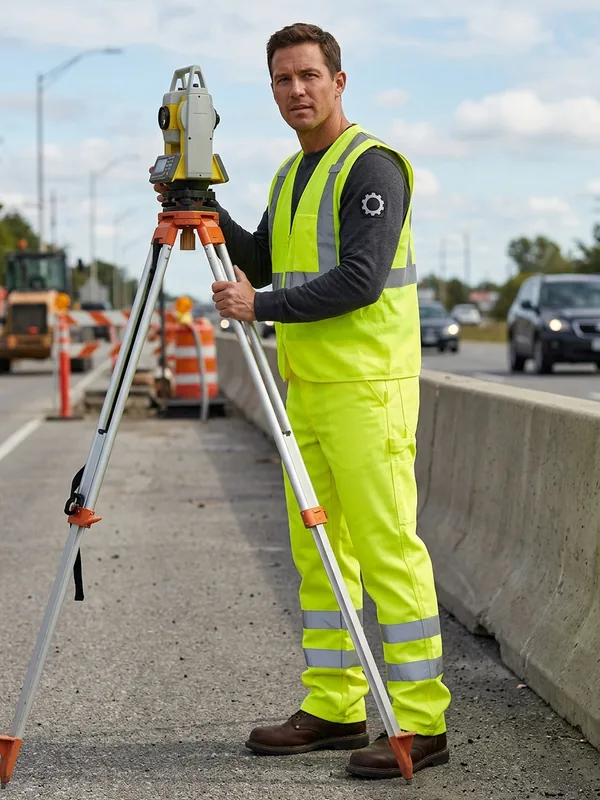 Surveyor at a roadside in fluorescent yellow Class E hi-vis work pants with reflective bands, worn with a vest