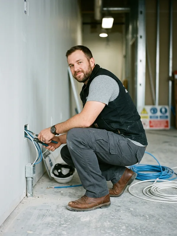Installer in stretch cargo work pants in a deep squat