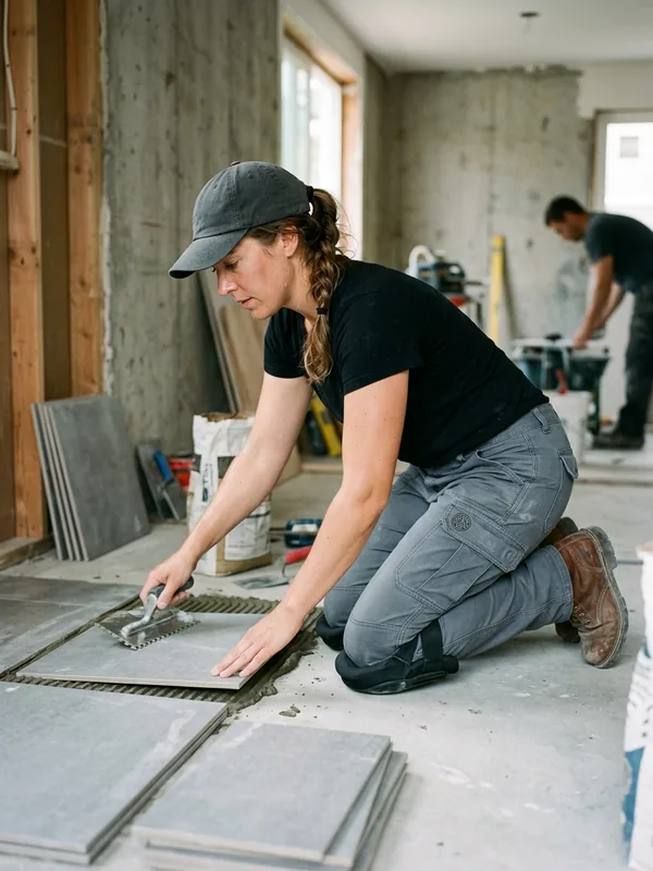 Tiler in women's cargo work pants kneeling to lay floor tiles