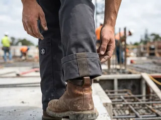 Kick tape inside the back hem of work pants over a work boot heel