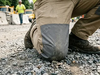 Nylon knee overlay on work pants kneeling on gravel