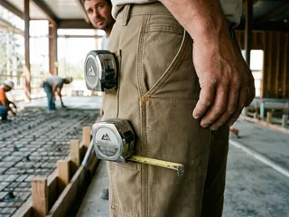 Bartacked front pocket mouth on work pants with a tape measure clipped in