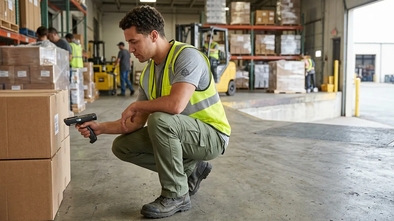 Dock worker squatting to scan a carton in ripstop cargo pants and a hi-vis vest