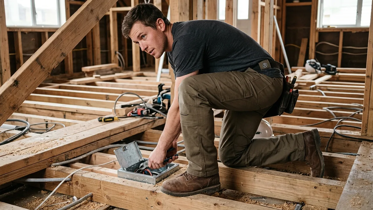 Installer kneeling on a timber-joist floor fixing a floor box, in double-knee work pants