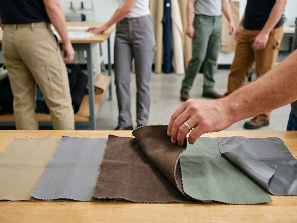 Row of work-pant fabric swatches with a grey nylon knee overlay sample, a hand turning one over