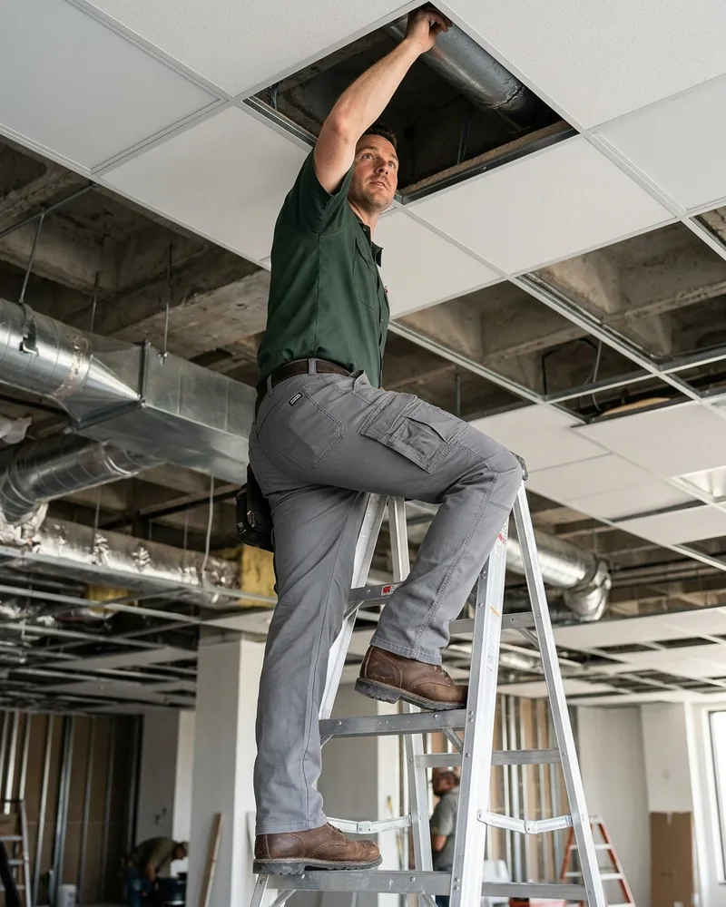 Installer on a ladder reaching into a ceiling hatch, one leg raised high, in grey stretch cargo pants