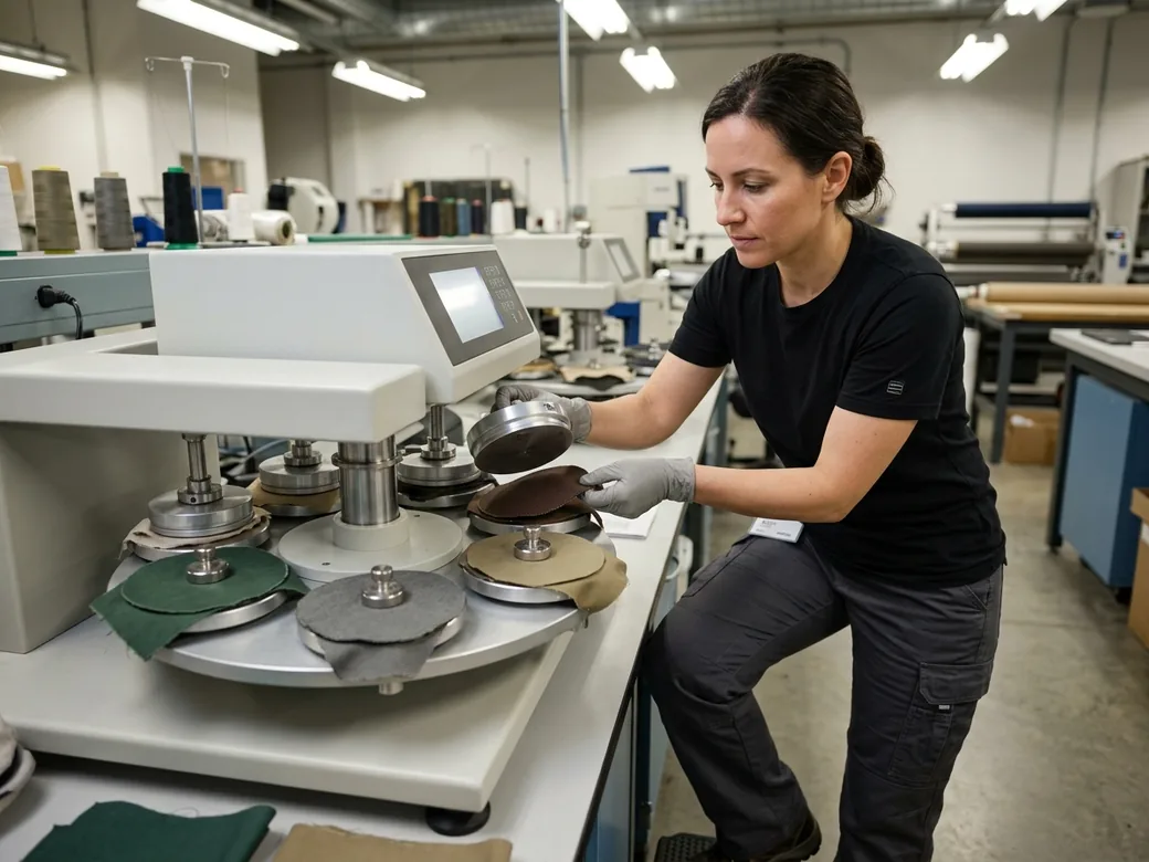Martindale abrasion tester with fabric specimens, a technician changing a sample