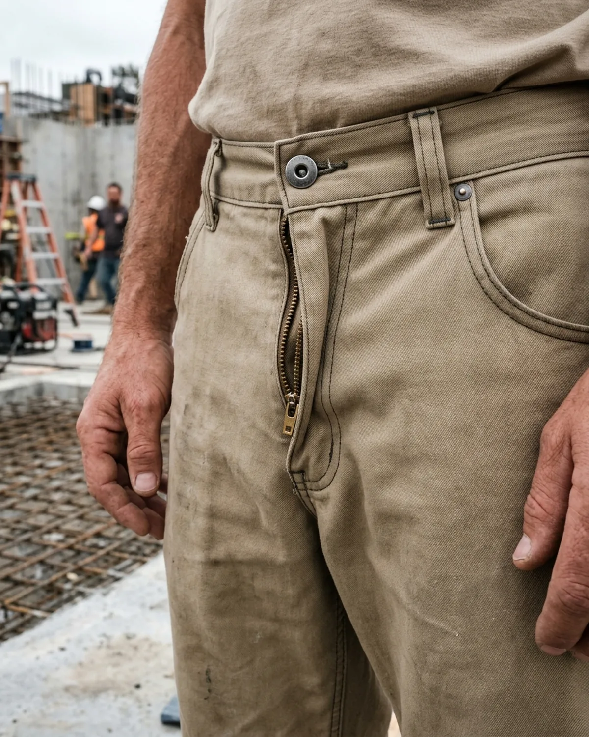 Zipper fly and covered rivets on work pants