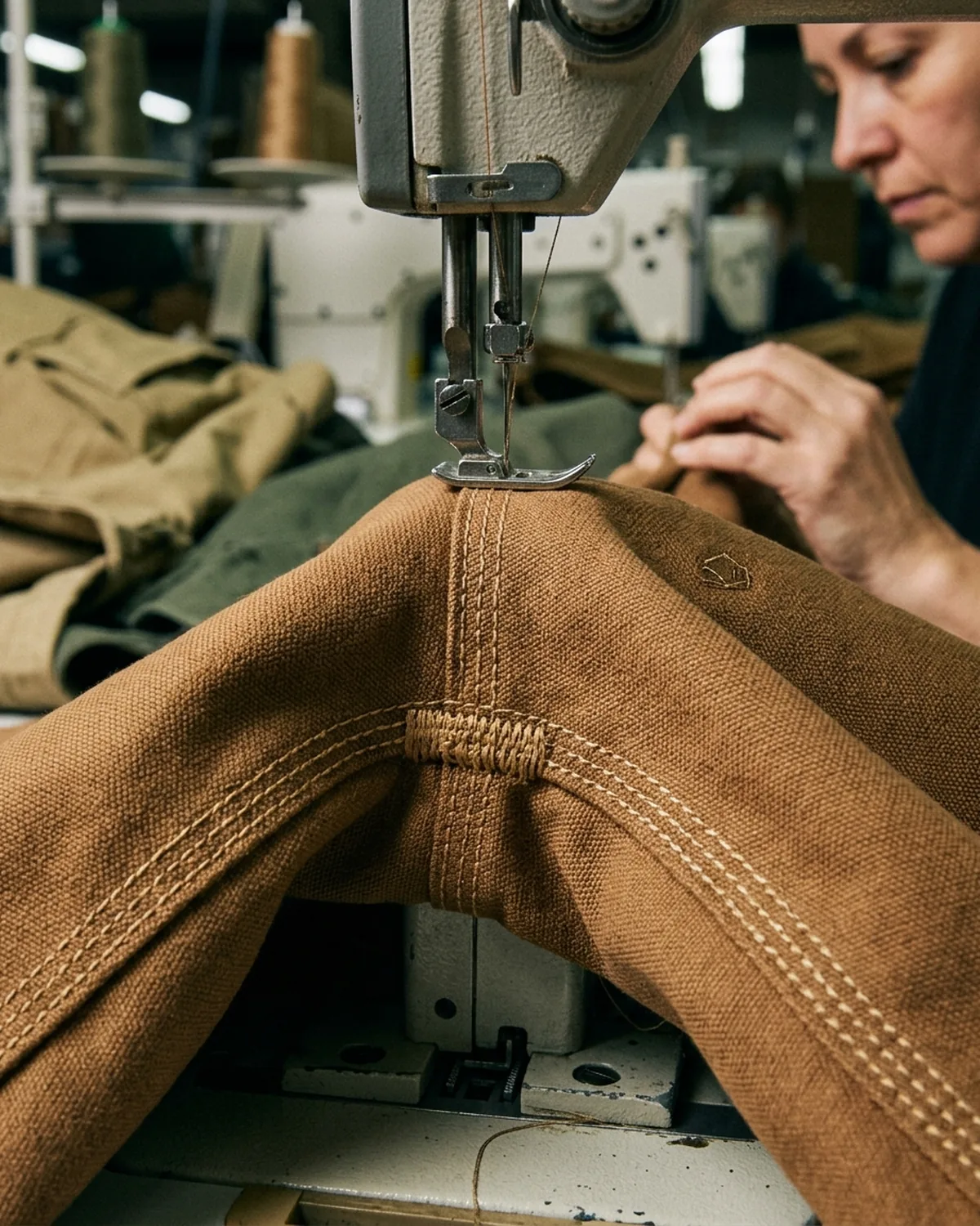 Triple-needle inseam and bartacks under a sewing machine foot