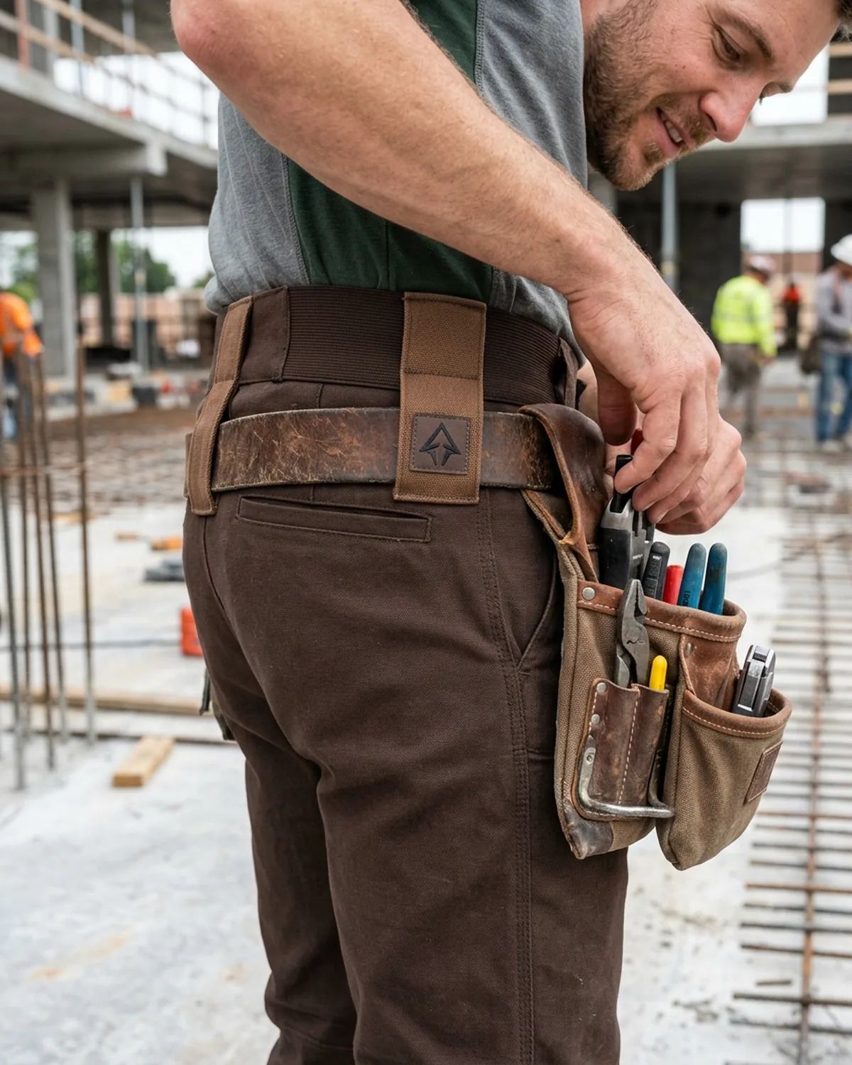 Work-pant waistband with belt loops and a tool belt fastened through them
