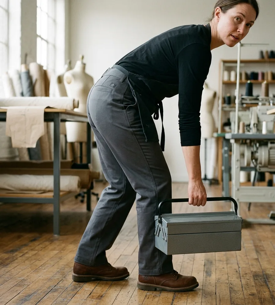 Fit model bending to pick a toolbox up from the floor, back waist covered