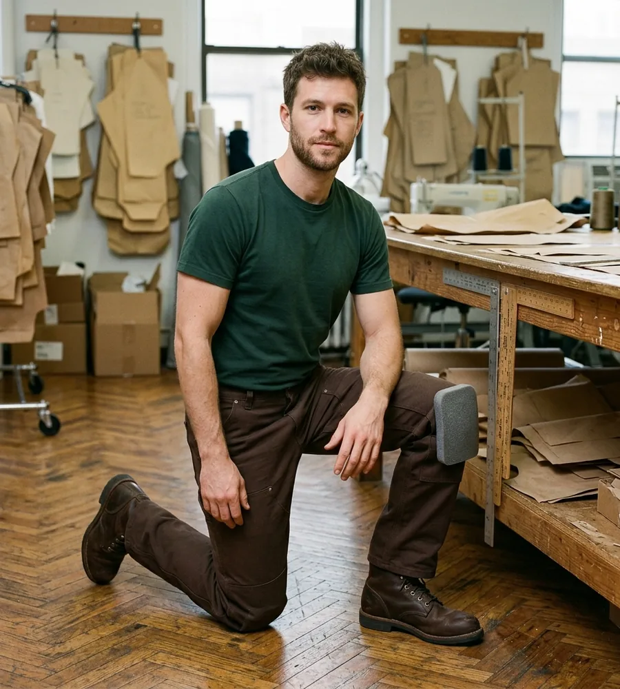 Fit model kneeling on one knee with a pad in the knee pocket of double-knee work pants