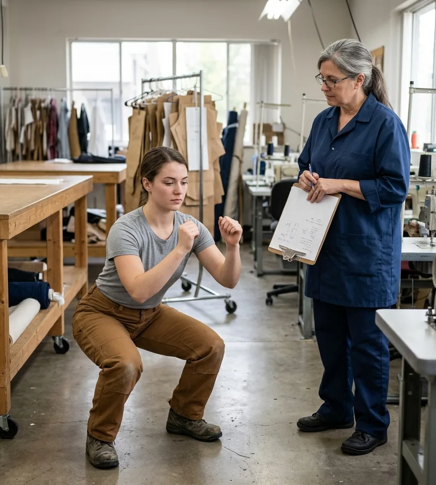 Fit model in a deep squat in sample work pants while the pattern room lead watches