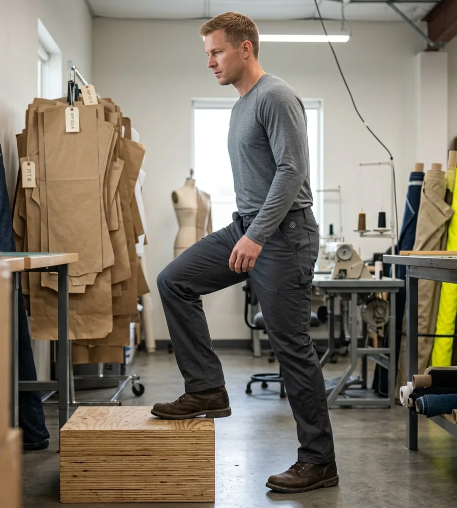 Fit model stepping up onto a wooden step in sample work pants