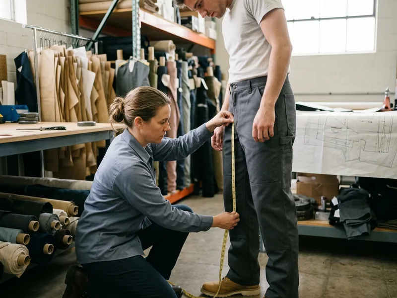 Pattern maker measuring the inseam of a fit model wearing sample work pants
