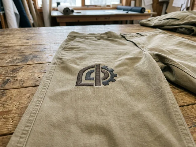 Embroidered logo on the left front thigh of work pants