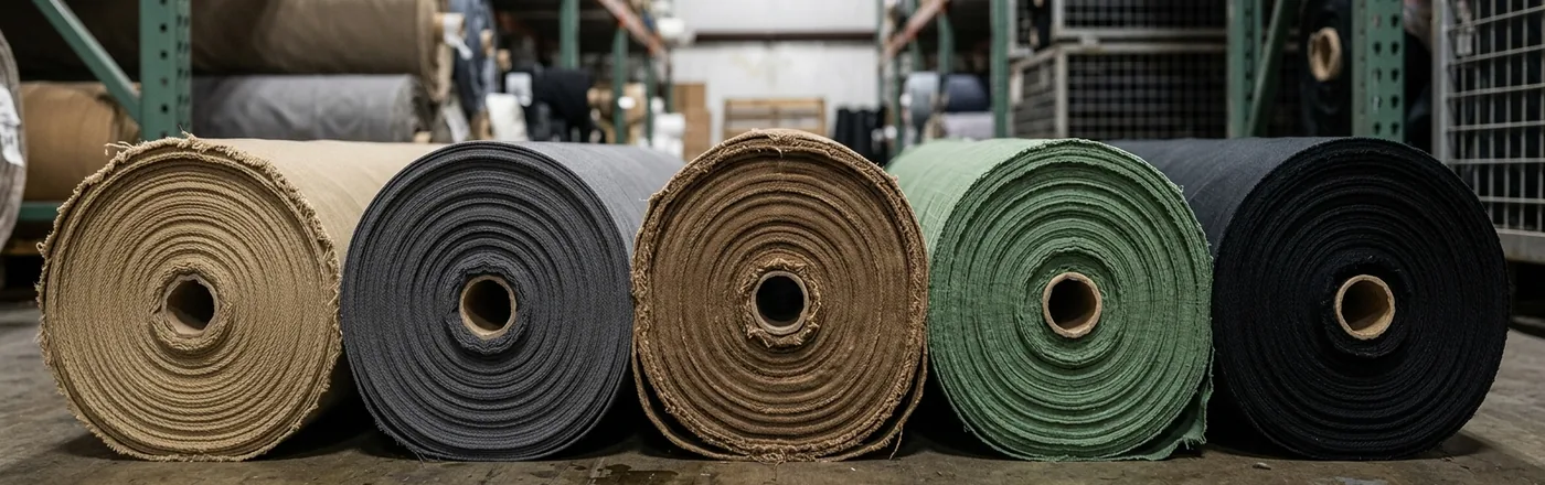 Five rolls of work-pant fabric side by side: khaki twill, grey stretch twill, brown canvas, green ripstop and black twill