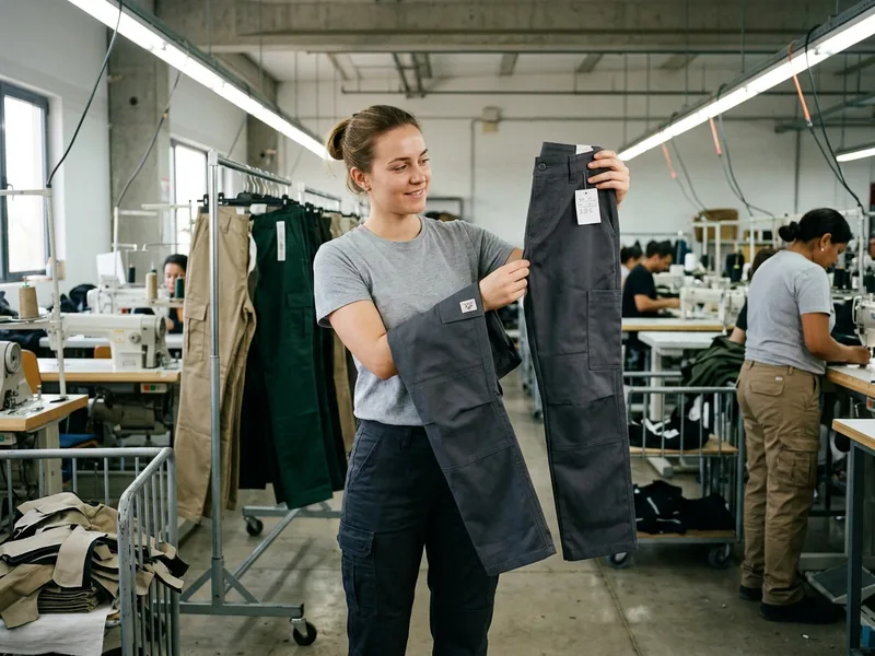 Line QC holding the first pair off the line against the approved sample, checking knee and hem
