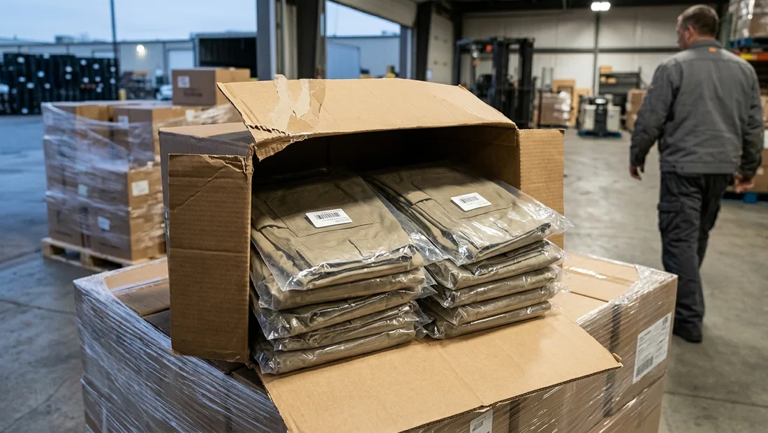 Carton of folded work pants in individual polybags, each with a small size sticker